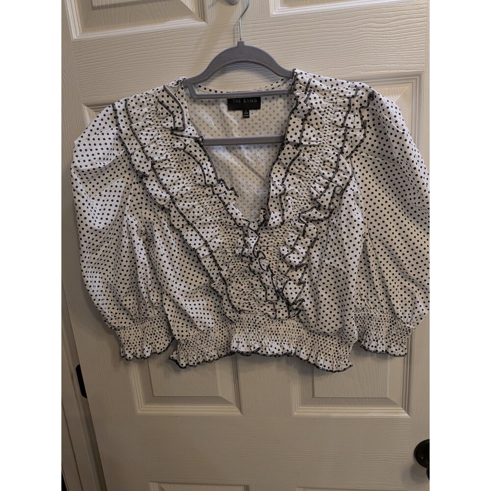 Y2K Boho Contempory Puff Sleeve Ruffle Trim Deep V Neckline Crop Blouse